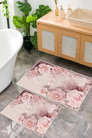Dijital Baskı Gül Desen Kaymaz Taban 2li Set Banyo Paspası Klozet Takımı 50x60cm-60x100cm Pembe
