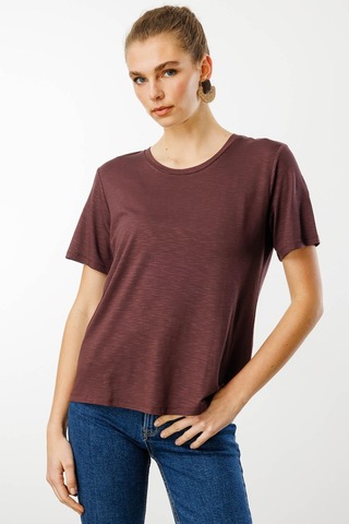 Kadın Sıfır Yaka Flamlı Kumaş Penye Tshirt Kahve Kahve