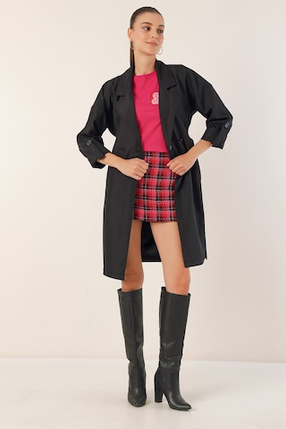 Bigdart 9104 Kruvaze Yaka Astarlı Trençkot - Siyah 001