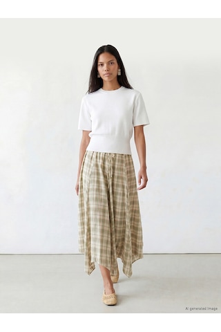 Lcw Modest Yeşil Beli Lastikli Ekose Asimetrik Kesim Etek
