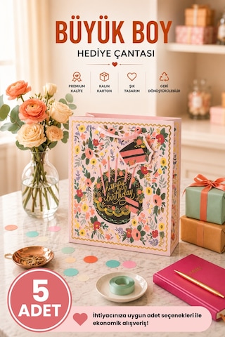 5 Adet 32 X 26 X 14 Cm - Doğum Günü Pastalı Çiçek Desenli Büyük Boy Karton Hediye Çantası 3+