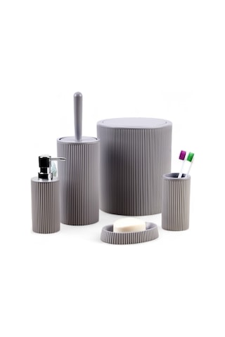 5'li Modern Ve Şık Banyo Seti, Sıvı Ve Katı Sabunluk, Diş Fırçalık, Çöp Kovası, Klozet Fırçası Gri