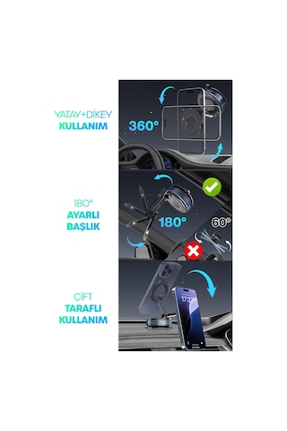 Magnetpro 360 Ayarlanabilir Araç İçi Masa Üstü Vakumlu Mıknatıslı Magsafe Telefon Tutucu Siyah Siyah
