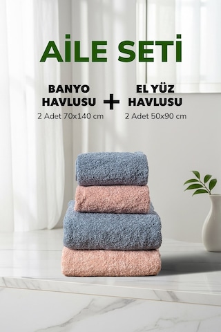 4 Lü Çizgili Pudra Mavi Aile Seti Yumuşak Pamuk El Yüz Banyo Havlusu 50x90 Cm 70x140 Cm Renklı