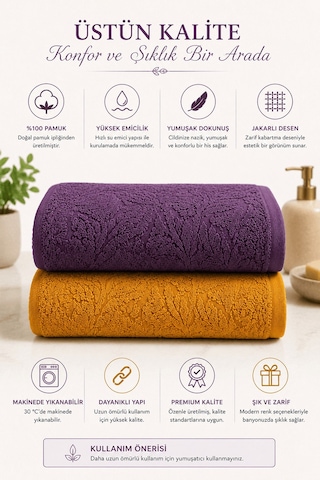 2'li Jakarlı Büyük Boy Banyo Havlusu 90x150 Cm %100 Pamuk Lorea 650 Gr Hardal-mor