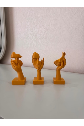 Modern Yüz Figürlü 3 Lü Dekoratif Heykel Seti-ev Ve Ofis Dekorasyonu Biblo 15 Cm Mat Gold