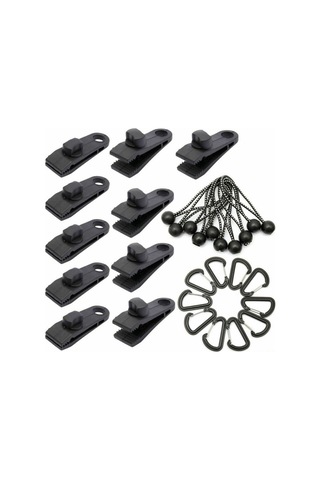 Yifomall Dış Mekan Çadır Ve Tenteği Sabitleme Seti - 10 Adet Nilon Klips, 10 Kauçuk Top Kordon Ve 10 Karabiner İle Güçlü Rüzgar Dayanımı Siyah