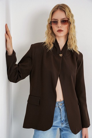 Bigdart Kadın Tek Düğmeli Oversize Blazer Ceket 0749 - Kahverengi