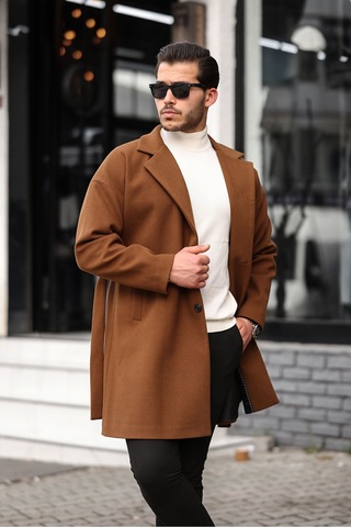 Mero Life Erkek Taba Kemerli Oversize Rahat Kesim Kaşe Kaban Taba