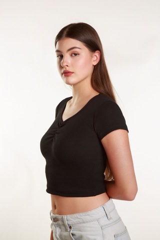 Kadın Fitted Crop Ön Yaka Bözgülü Fitilli Kollu Tshirt Atlet Bluz Siyah