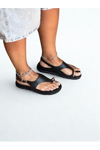 Ne&ve Shoes Siyah Deri Tokalı Parmak Arası Kadın Günlük Sandalet