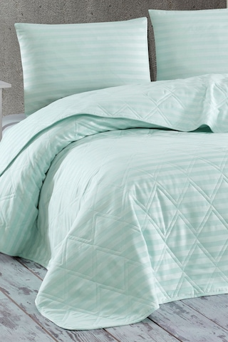 Enlora Home Water Yollu Saten Çok Amaçlı Örtü Çift Kişilik Mint