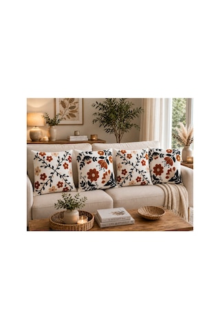Dijital Baskılı Punch Nakış Görünümlü Çicek Desenli Dekoratif Kırlent Kılıfı 43x43 Cm Fermuarlı 4 Lü Set Bej Bej