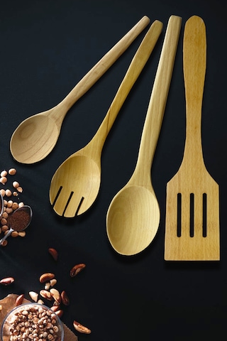 Standlı Ahşap Tahta Servis Sunum Kaşık Seti - Doğal Yağlı 5 Parça