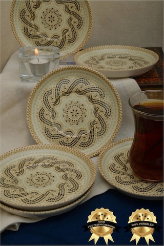 Efes 6 Adet 12cm Porselen Çay Tabağı Kırık Beyaz Çok Renkli