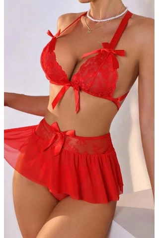 Kırmızı Dantel Detaylı Fiyonklu Mini Etekli Fantazi Takım Kırmızı