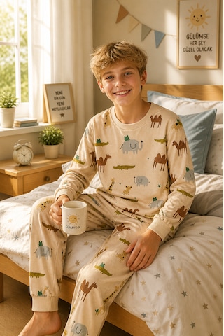 Durukoza %100 Pamuk 4 Mevsim Çocuk Pijama Takımı 8-13 Yaş Yumuşak Dokulu Açık Bej