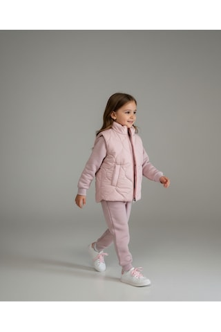 Yelekli Kız Çocuk 3'lü Takım Pembe