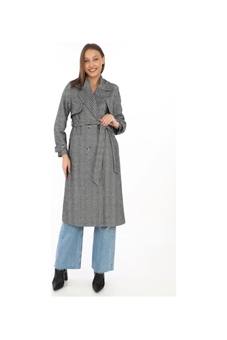 Kadın Uzun Kaşe Kaban Balık Sırtı Dokuma Kaşmir Kumaş, Kruvaze Yaka, Kuşaklı Cepli Model, Oversize Boyalı Gri