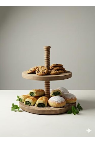 2 Katlı Ahşap Kek Kurabiye Sunumluk ,2 Katlı Doğal Ahşap Stant 28x28