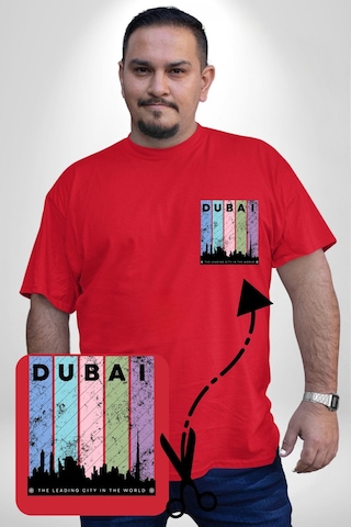 Angemiel Dubai Şehir Silüeti Renkli Şehir Kırmızı Büyük Beden Kadın Basic Minimal Baskılı Tişört Kırmızı