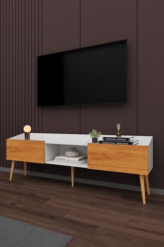 Asra Trend Tv Ünitesi Tv Sehpası T-28 %100 MDF Ayaklı Modern Medya Ünitesi Beyaz - Petra