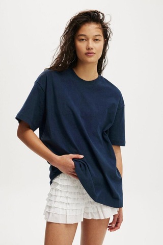 Seeh Lacivert Kısa Kollu Oversize Basic Kadın T-shirt Sh281