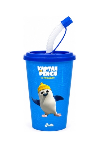 Bakgelal Lisanslı Kaptan Pengu Ve Arkadaşları Pipetli Çocuk Bardağı, Eğlenceli Kaptan Pengu - Bgakappegu01 Mavi