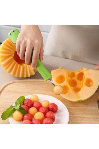 3'ü 1 Arada Karpuz Ayırıcı Posa Kaşığı Meyve Topu Kazıcı Çok İşlevli 304 Paslanmaz Çelik Mutfak Meyve Kesici Dilimleyici Alet Yeşil