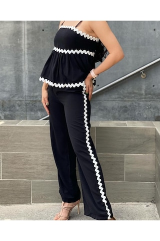 Hgfashion Kadın Biye Detaylı Bluz Pantolon Alt Üst Takım Siyah Renk Siyah