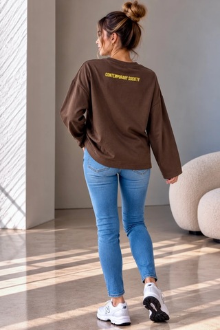 Bb Butik Basic Kadın Baskılı Bol Kollu Oversize İnce Sweatshirt Trend Model Mu3535 Kahverengi