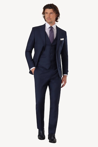 Erkek Lacivert Sivri Yaka Yelekli Slim Fit Takım Elbise