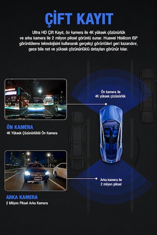 2 Kameralı 4k Sim Kartlı Uzaktan İzlenebilen Araç Kamerası Güvenlik Kamerası