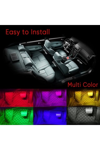 Geeroyoo Araç İç Led Işık Seti 48 Led 4x22cm - Usb Girişli, Müzik Rhytmi İle Renk Değiştirme, Kumanda Kontrol, Su Geçirmez