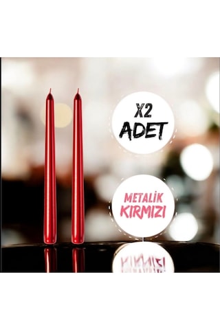 Denic 2 li Metalik Kırmızı Şamdan Mum Konik Mum