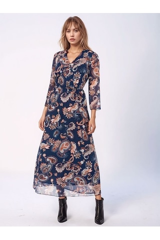 Kadın V Yaka Astarlı Uzun Truvakar Kol Çiçekli Tül Şık Maxi Boy Elbise Lacivert