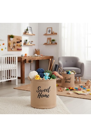 Lexroo "sweet Home" Yuvarlak Jüt Düzenleyici Sepet Krem Renk Katlanabilir Kumaş Kulplu Organizer