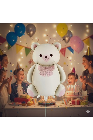 56,5x90 Cm Papyonlu Ayıcık Krem Folyo Balon - Doğum Günü Parti Dekorasyon Balonu Çok Renkli