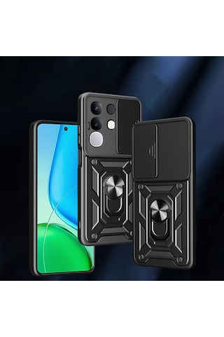 Vivo Y29 4g Kılıf Magnetik Standlı Kamera Korumalı Zore Sürgülü Vega Kapak Mavi