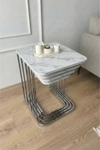 Renlife Zigon Sehpa Takımı 4'lü Metal Tekerlekli Mdf Modern Salon Oturma Odası Sehpası Krom Beyazmermer Krom Beyaz Mermer