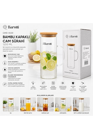 Barotti Dmr-9039 Bambu Kapaklı Borosilikat Cam Sürahi 1200 Ml- 12'li Paket