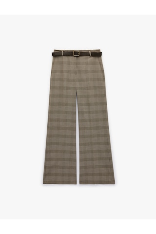 Koton Kemerli Geniş Paça Cepli Kumaş Ekose Pantolon Kahverengi Ekose 6sak40038ew Kahverengi