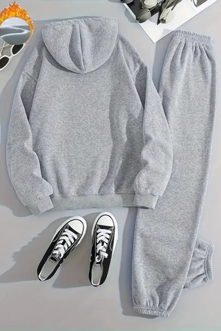 Unisex Love Çizgi Baskılı Kapüşonlu Gri Eşofman Takımı - Kışlık Şardonlu Kumaş Gri