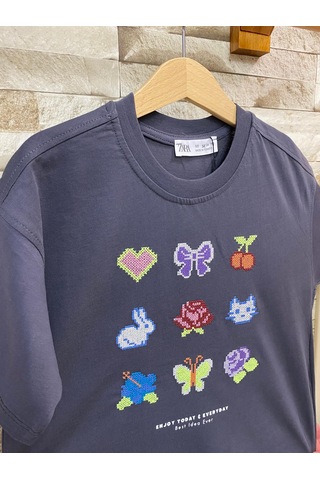 Aysbebe Nakış Desenli Kız Çocuk Tişört Füme 8920