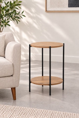 Sehpol Yuvarlak Tablalı İki Raflı Sehpa Q42x60 Cm Antrasit - Atlantik Çam