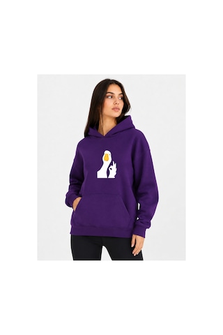 Herkesemoda Ördek Baskılı Kapüşonlu 2 İplik Şardonlu Sweatshirt Mor