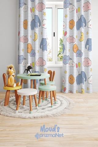 Minik Fil Desenli Baskılı Çocuk Ve Bebek Odası Fon Perdesi 2 Kanat - Prd-16 Çok Renkli