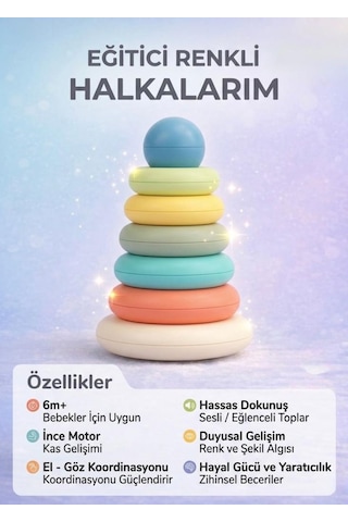 Eğitici Renkli Halka Dizme 7 Parça El-göz Koordinasyonu Destekleyici Zeka Geliştirici Oyuncak -20 Cm