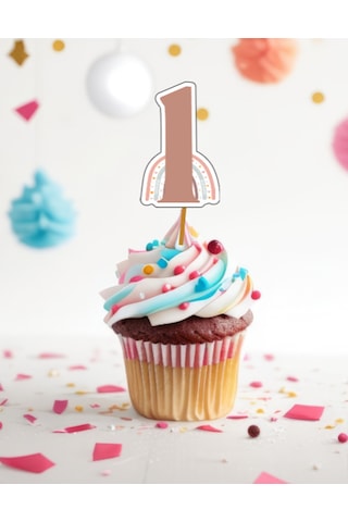 15 Adet Bohem Gökkuşağı Konsept One 1 Yaş Cupcake Kürdanı 6-7cm