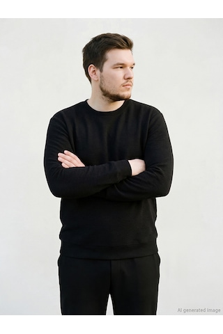 Lcw Eco Siyah Bisiklet Yaka Dokulu Erkek Sweatshirt